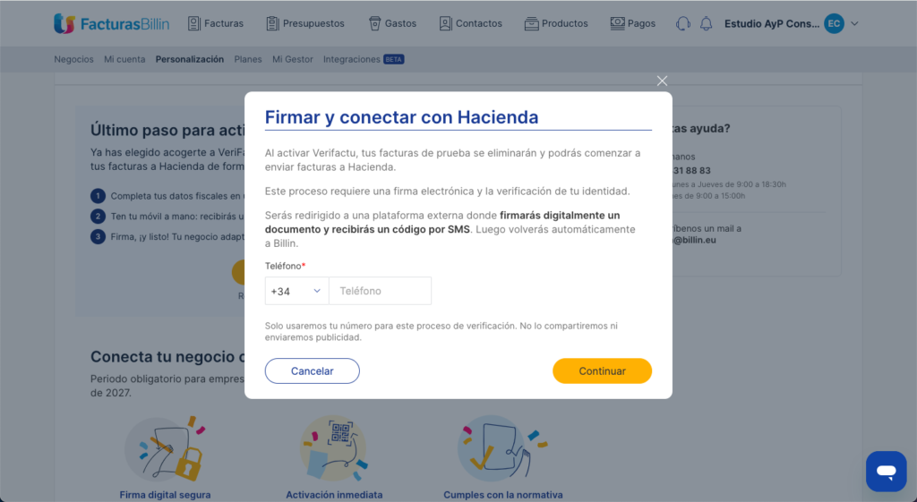 Proceso de firma electrónica y conexión con Hacienda para activar Verifactu en Billin