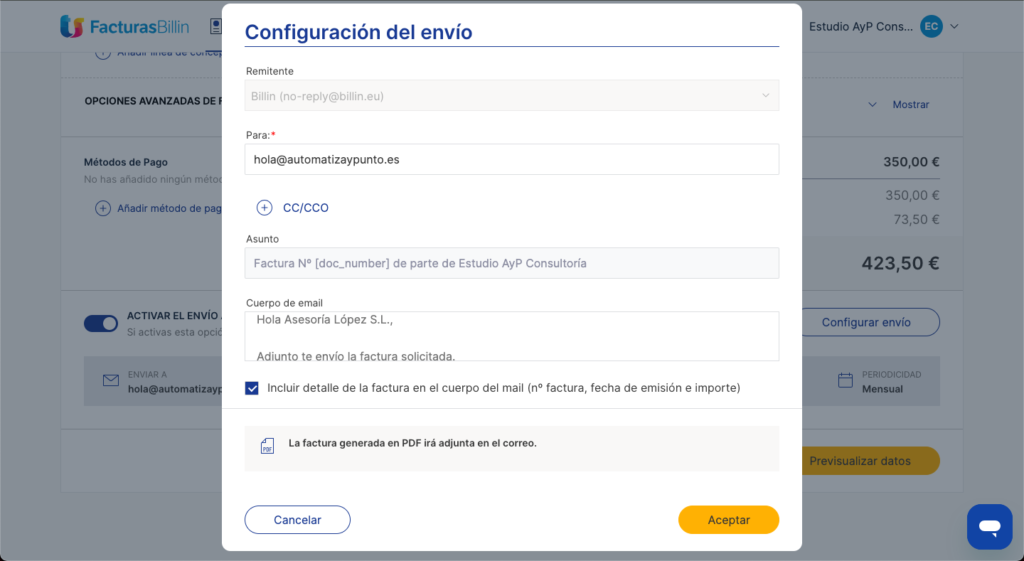 Configuración del envío automático en Billin: el remitente es siempre no-reply de Billin
