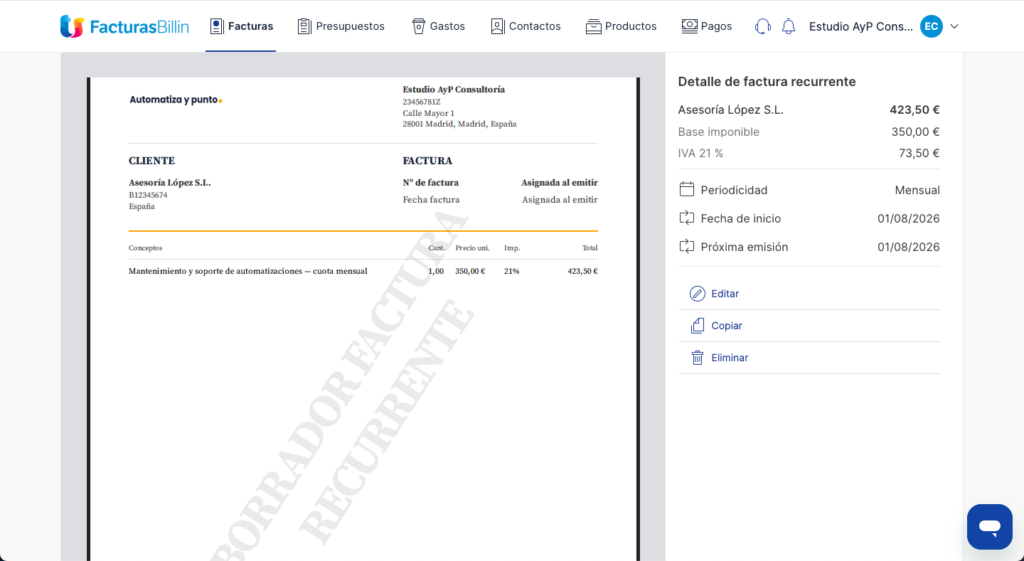 Factura recurrente mensual programada en Billin, marcada como borrador con próxima emisión el día 1