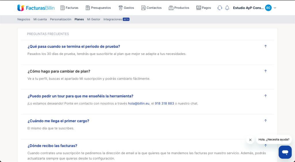 FAQ de Billin confirmando que tras los 30 días de prueba hay que suscribirse a un plan de pago