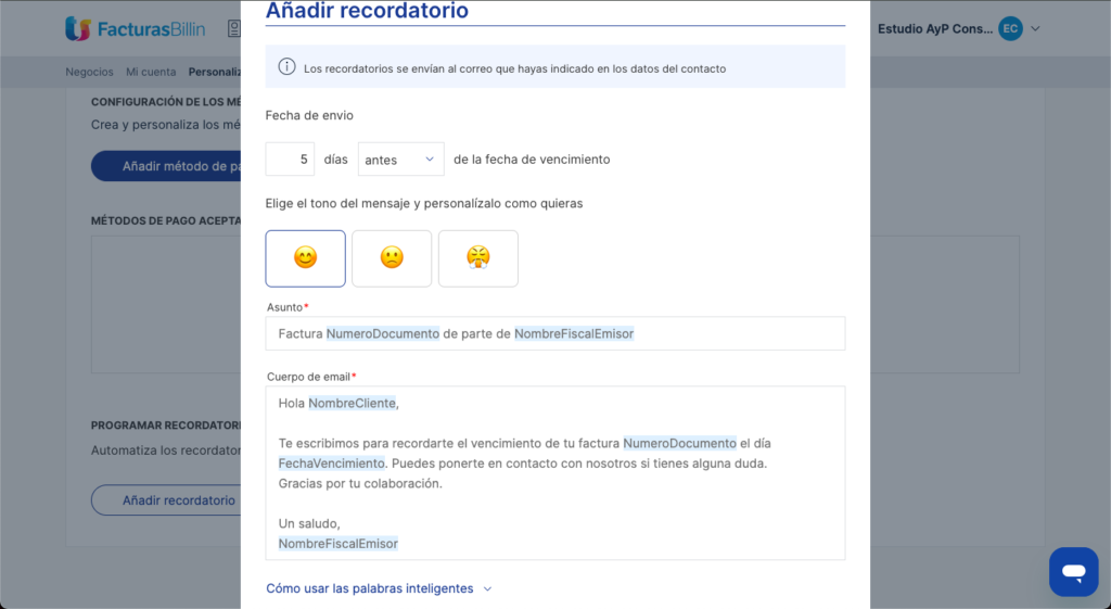 Selector de tono con emojis para los recordatorios de pago automáticos de Billin