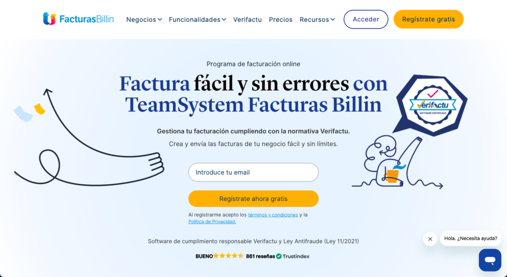 Página principal de Billin con el botón Regístrate ahora gratis