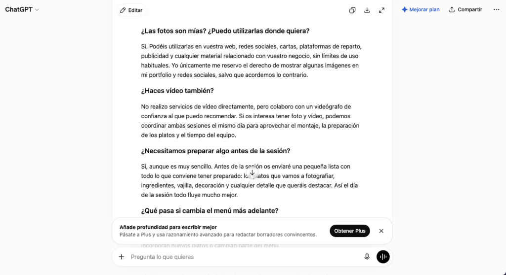 ChatGPT reconoce que no ofrece servicio de vídeo en la FAQ