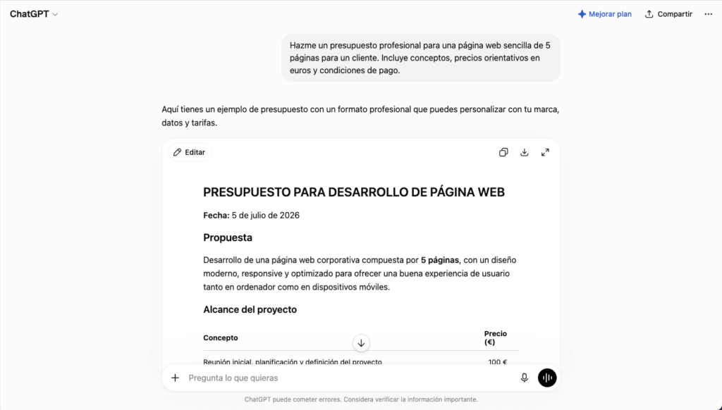 Prueba de ChatGPT, una de las herramientas de IA gratuitas para autónomos, generando un presupuesto