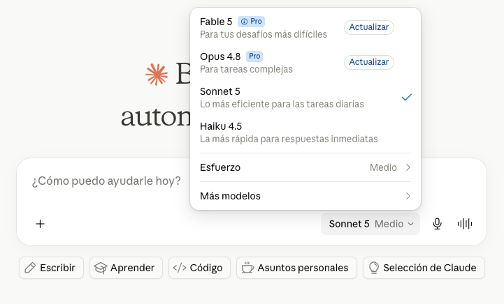 Selector de modelos de Claude en el plan gratuito, con Opus y Fable bloqueados como Pro