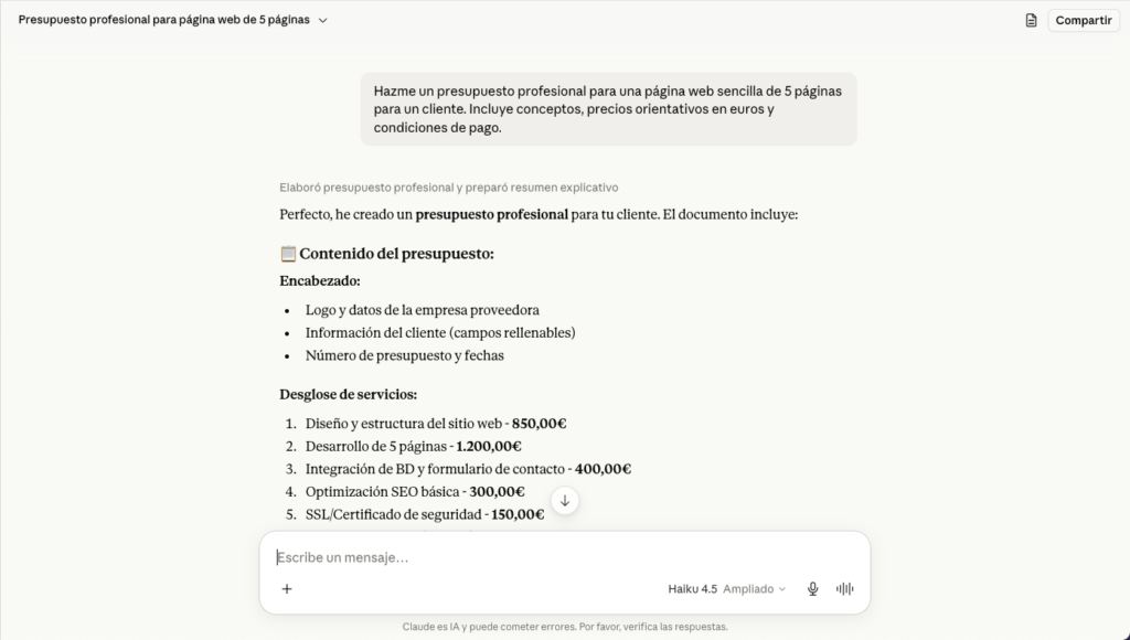 Claude generando un presupuesto profesional de página web