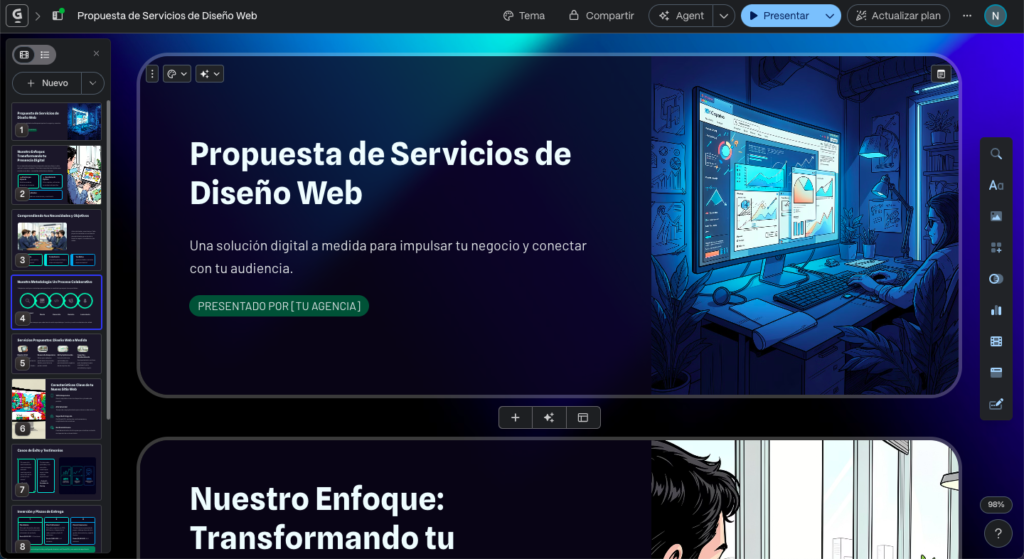 Propuesta de servicios de diseño web generada con Gamma en minutos