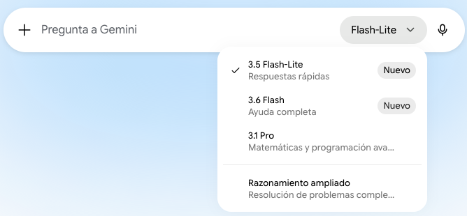 Selector de modelos de Gemini en el plan gratuito con Flash-Lite, Flash, Pro y Razonamiento ampliado