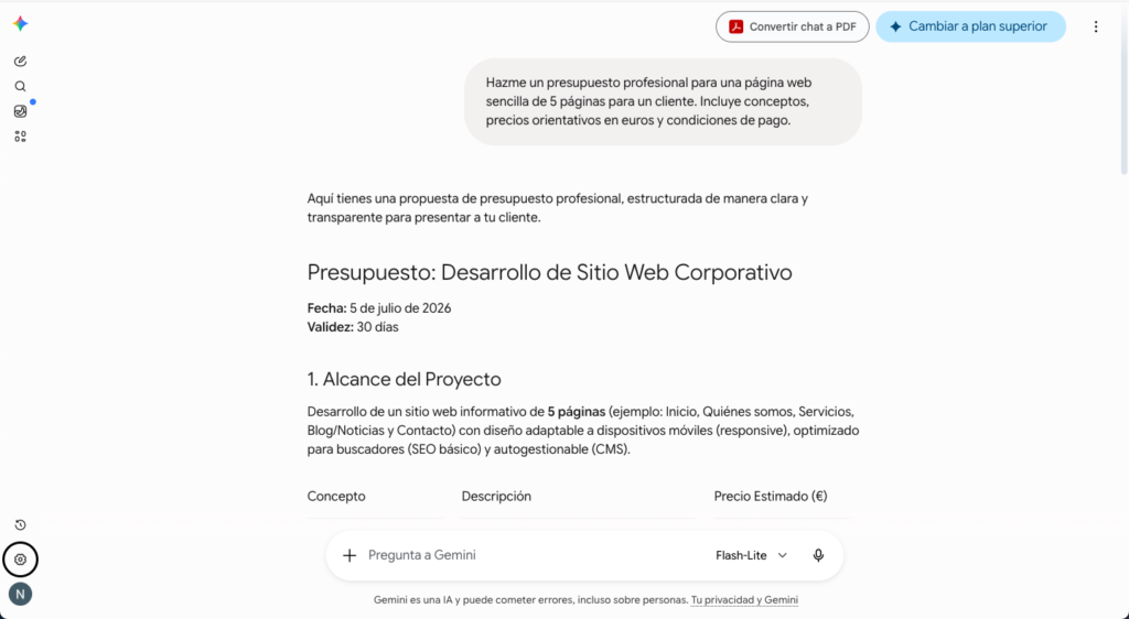 Gemini generando un presupuesto para una página web de 5 páginas