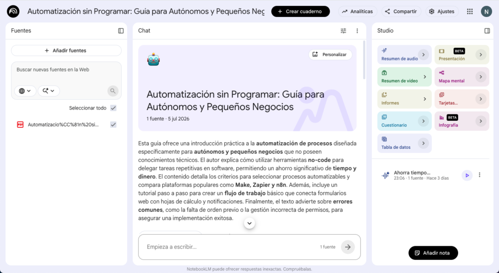 Podcast de 23 minutos en español generado por NotebookLM a partir de un artículo propio