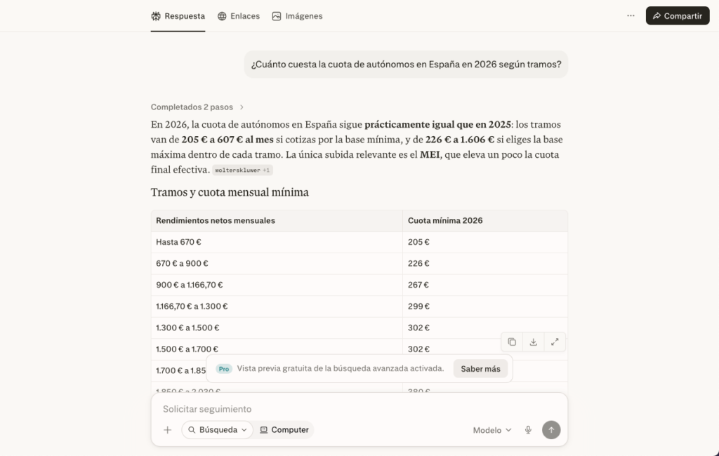 Perplexity mostrando la tabla de cuotas de autónomos 2026 con fuentes citadas