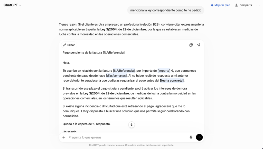 Repregunta en ChatGPT para conseguir la cita legal correcta en un prompt para negocios de reclamación de facturas