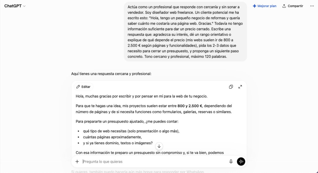 Borrador de ChatGPT para responder a clientes con IA a una consulta de precio