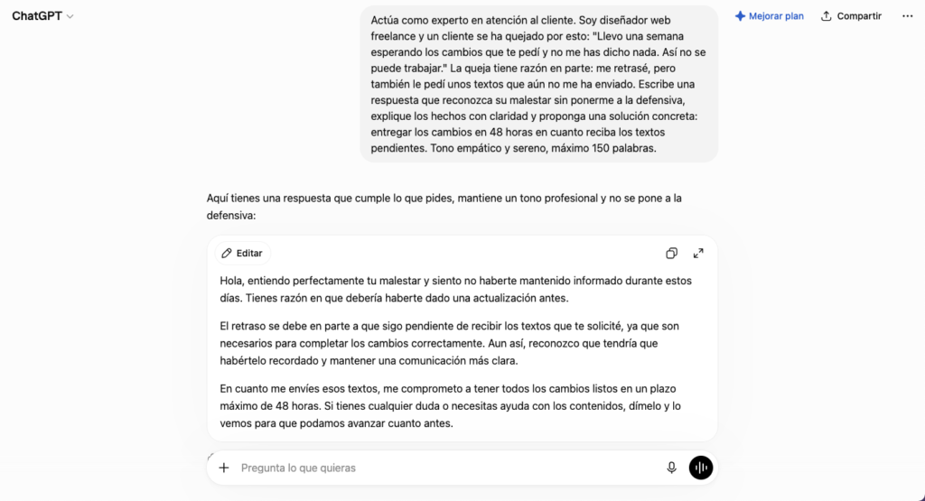 Borrador de ChatGPT respondiendo a la queja de un cliente