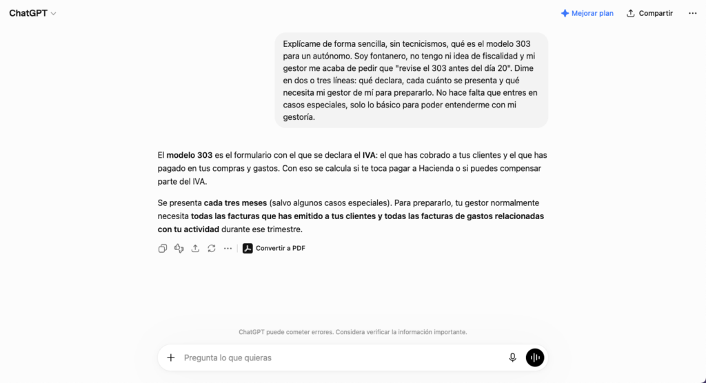 IA explicando en lenguaje sencillo qué es el modelo 303 a un autónomo