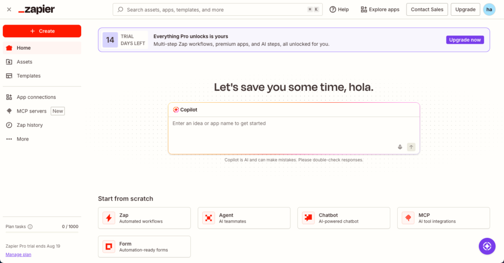Aviso de Zapier de que el flujo usa funciones de pago que caducan en 14 días