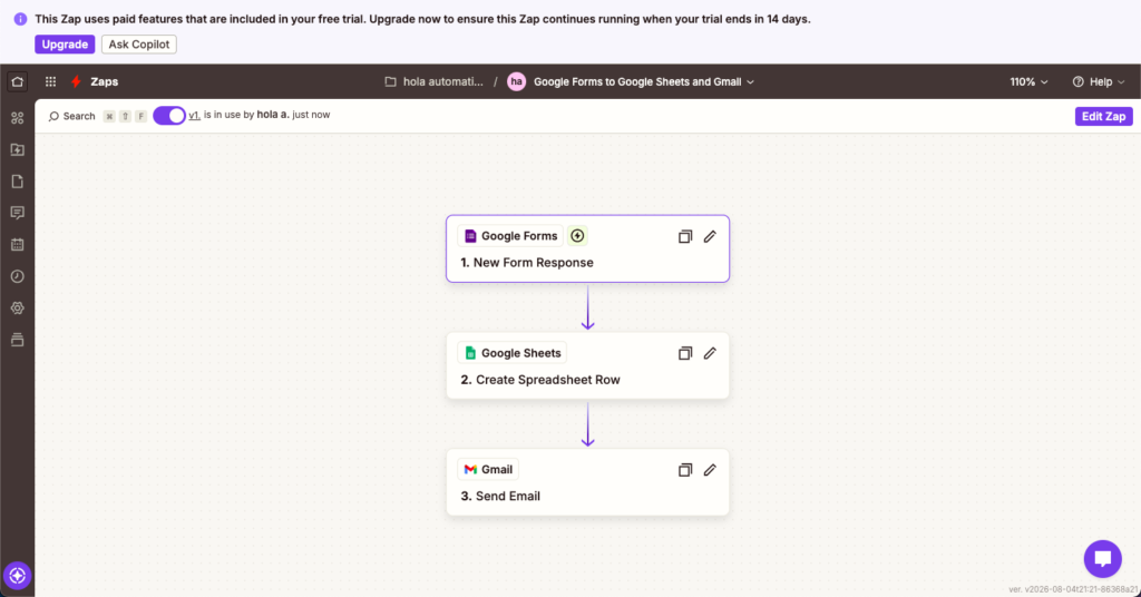 Flujo de tres pasos montado en Zapier: Google Forms, Google Sheets y Gmail